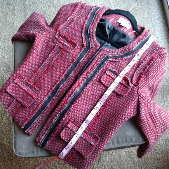 Hinge Red Tweed Crop Women Jacket Wool Size Medium - Picture 3 of 9